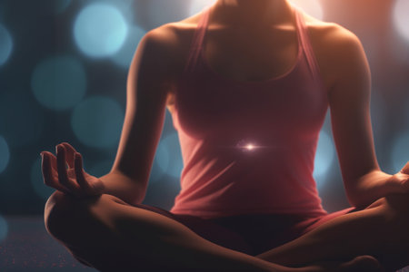 A woman finds inner peace while meditating in a cross-legged yoga poseの素材