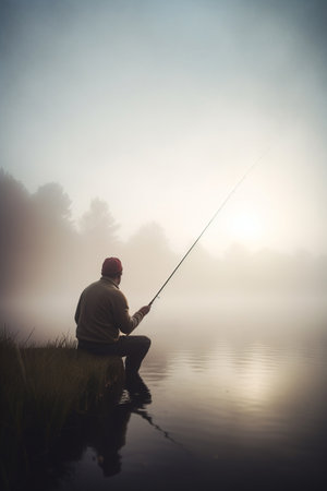 A solitary angler casts his line into the still waters of the misty lake at dawn, patiently waiting for a catchの素材