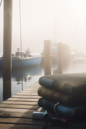 A foggy morning on the dock as fishing boats await their catch, with fishing gear neatly laid out on the pier.の素材