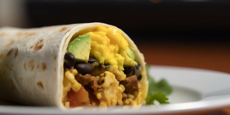 Start your day off right with this delicious and filling breakfast burrito filled with fluffy scrambled eggs, flavorful veggies, and protein-packed beans.の素材