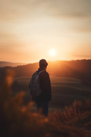 Man gazing at the sunrise during Mountain Camping Tripの素材