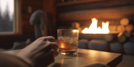 Enjoying a warm drink by the fire in a rustic cabin, with a hand resting next to the glass on the wooden tableの素材