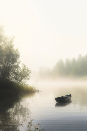 A peaceful scene of tranquility as a solitary rowboat sits on a misty lake, undisturbed by human presence.の素材