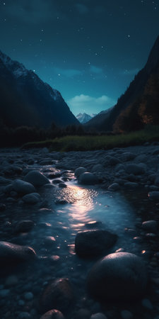 A tranquil mountain stream at night reflects the shimmering moon and stars, illuminating the glistening stones in its bed.の素材