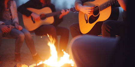 Group of friends enjoying a musical night by the campfireの素材