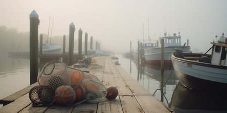A foggy morning on the dock as fishing boats await their catch, with fishing gear neatly laid out on the pier.の素材