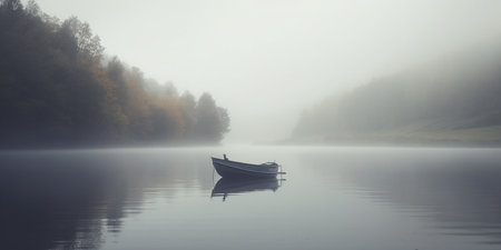 A peaceful scene of tranquility as a solitary rowboat sits on a misty lake, undisturbed by human presence.の素材