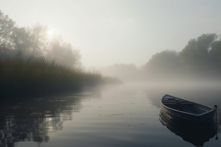 A peaceful scene of tranquility as a solitary rowboat sits on a misty lake, undisturbed by human presence.の素材