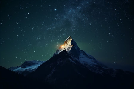 A serene snow-capped mountain peak at night, surrounded by the radiance of a starry sky and its glowing summit.の素材