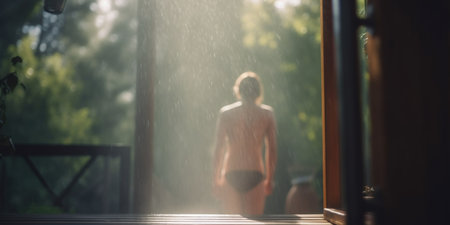 A person steps out of a steamy sauna into the bright sunshine to cool down and relax in the fresh air.の素材