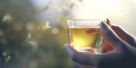 Relaxing with a cup of clear tea, surrounded by the beauty of natureの素材