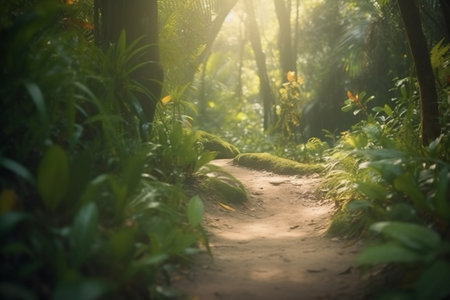 A winding trail through the dense and vibrant rainforest.の素材