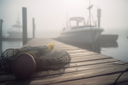 A foggy morning on the dock as fishing boats await their catch, with fishing gear neatly laid out on the pier.の素材