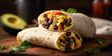 Start your day off right with this delicious and filling breakfast burrito filled with fluffy scrambled eggs, flavorful veggies, and protein-packed beans.の素材