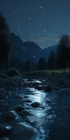 A tranquil mountain stream at night reflects the shimmering moon and stars, illuminating the glistening stones in its bed.の素材