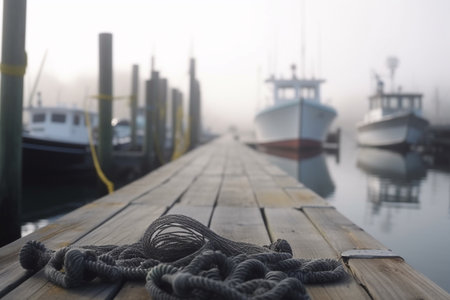 A foggy morning on the dock as fishing boats await their catch, with fishing gear neatly laid out on the pier.の素材