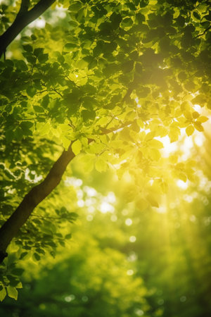 Experience the serenity of a forest canopy with the sun's warm embrace in this stunning imageの素材