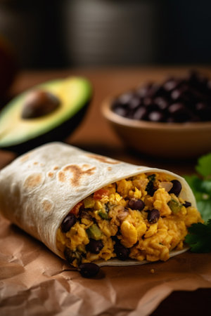 Start your day off right with this delicious and filling breakfast burrito filled with fluffy scrambled eggs, flavorful veggies, and protein-packed beans.の素材
