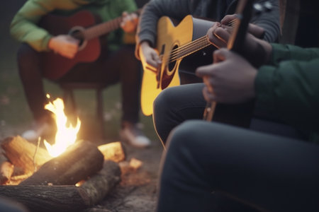 Group of friends enjoying a musical night by the campfireの素材
