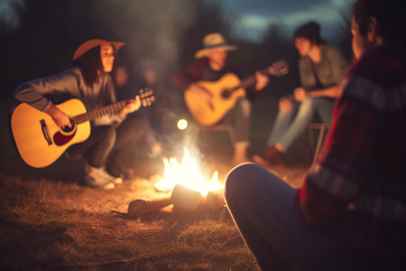 Group of friends enjoying a musical night by the campfireの素材