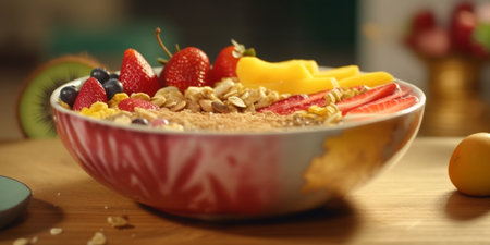 A healthy and colorful breakfast bowl filled with crunchy granola and fresh fruit in a wooden bowl.の素材