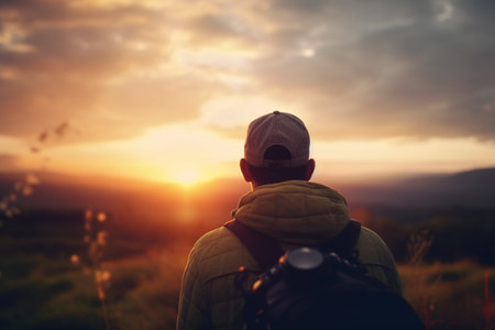 Man gazing at the sunrise during Mountain Camping Tripの素材