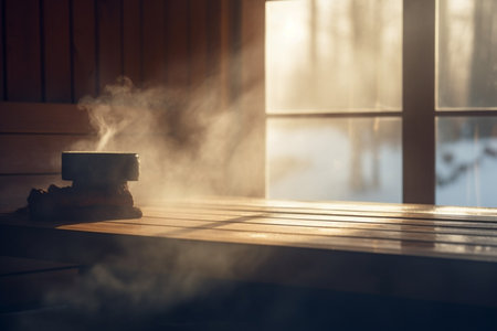 Enjoy a peaceful moment with a breathtaking view of sunlight pouring into a steamy sauna through its large window.の素材