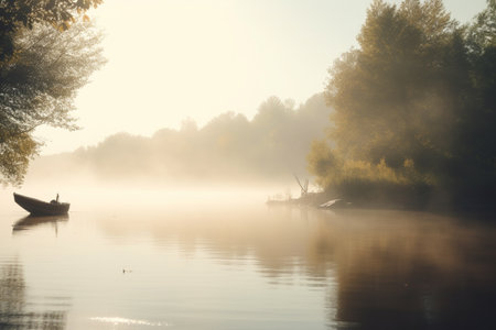 A peaceful scene of tranquility as a solitary rowboat sits on a misty lake, undisturbed by human presence.の素材