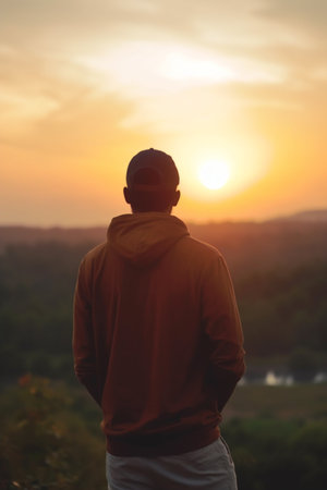 Man gazing at the sunrise during Mountain Camping Tripの素材