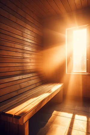 Step into a world of tranquility with this luminous sauna. Sunrays bathe the space in a warm glow, enhancing the natural wood textures.の素材