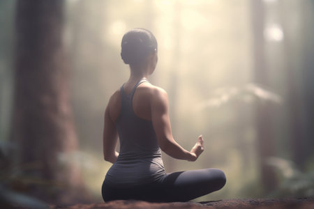 A woman finds inner peace while meditating in a cross-legged yoga poseの素材
