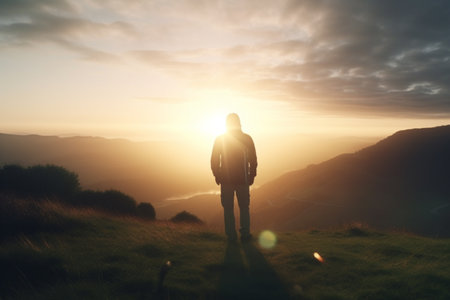 Man gazing at the sunrise during Mountain Camping Tripの素材