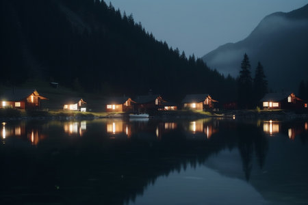 A serene mountain lake reflects the shimmering lights of a charming village on the horizon, set against the majestic mountains and starry night sky.の素材