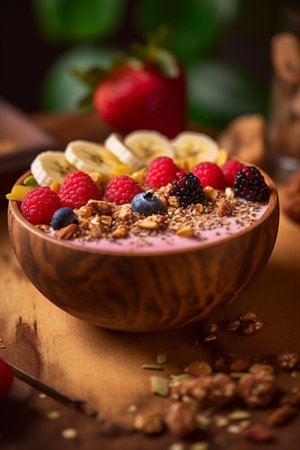 A healthy and colorful breakfast bowl filled with crunchy granola and fresh fruit in a wooden bowl.の素材