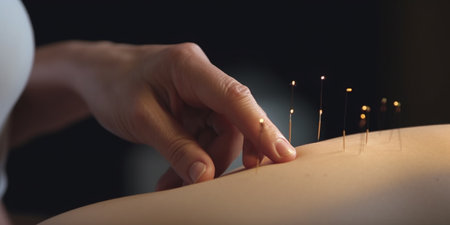 Acupuncture treatment with needles inserted into skin, hands resting on topの素材