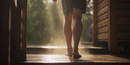A person steps out of a steamy sauna into the bright sunshine to cool down and relax in the fresh air.の素材