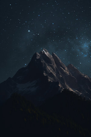 A serene snow-capped mountain peak at night, surrounded by the radiance of a starry sky and its glowing summit.の素材