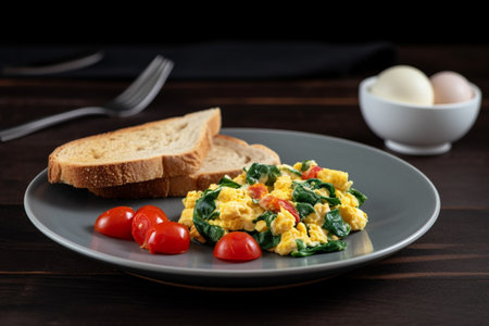A delicious breakfast of scrambled eggs and spinach on a dark plateの素材