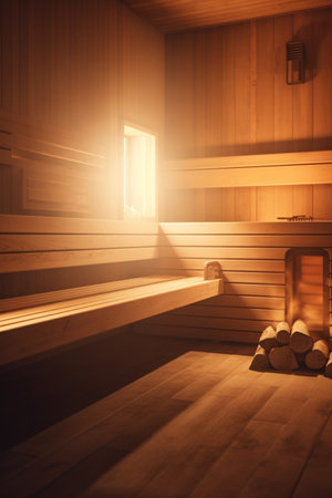 Step into a world of tranquility with this luminous sauna. Sunrays bathe the space in a warm glow, enhancing the natural wood textures.の素材