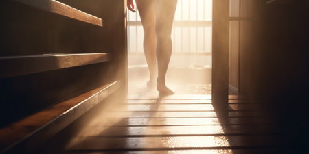 A person steps out of a steamy sauna into the bright sunshine to cool down and relax in the fresh air.の素材
