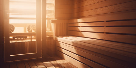 Step into a world of tranquility with this luminous sauna. Sunrays bathe the space in a warm glow, enhancing the natural wood textures.の素材