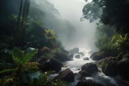 A peaceful river flows through lush greenery in the heart of the rainforest.の素材