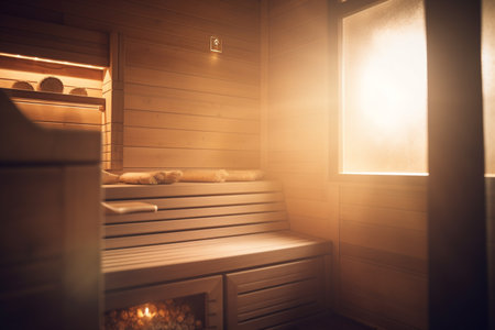 Experience ultimate relaxation in this sauna with its warm wooden interior, soothing warm light, and flooded with natural light, all for your own private retreat.の素材