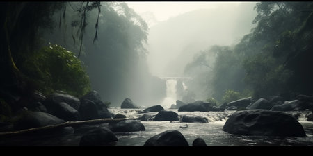 A peaceful river flows through lush greenery in the heart of the rainforest.の素材