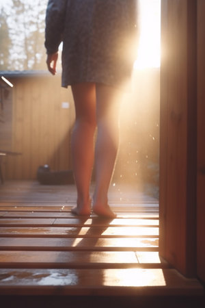 A person steps out of a steamy sauna into the bright sunshine to cool down and relax in the fresh air.の素材