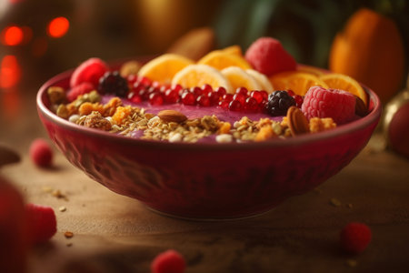 A healthy and colorful breakfast bowl filled with crunchy granola and fresh fruit in a wooden bowl.の素材