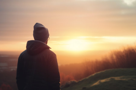 Man gazing at the sunrise during Mountain Camping Tripの素材