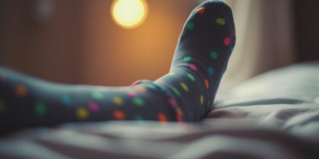 A glimpse into the cozy and intimate world of a woman's bedroom as seen through a close-up shot of her socks in bed.の素材
