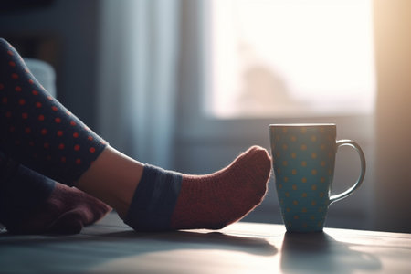 Close-up shot of a woman's feet in soft and fluffy socks while enjoying a cup of tea in a cozy atmosphere.の素材