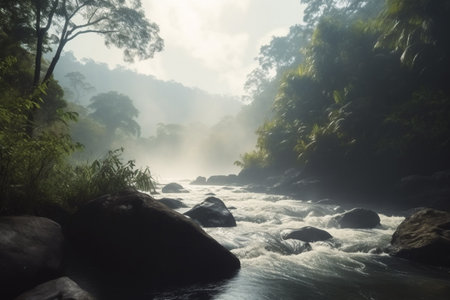 A peaceful river flows through lush greenery in the heart of the rainforest.の素材